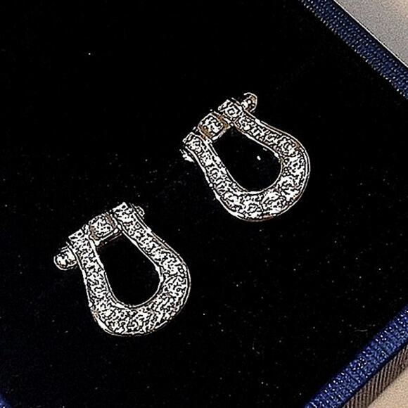 Sterling Silver Zircon Horseshoe Earrings, Stud, Horse bit, Snaffle, D Ring - Picture 4 of 4